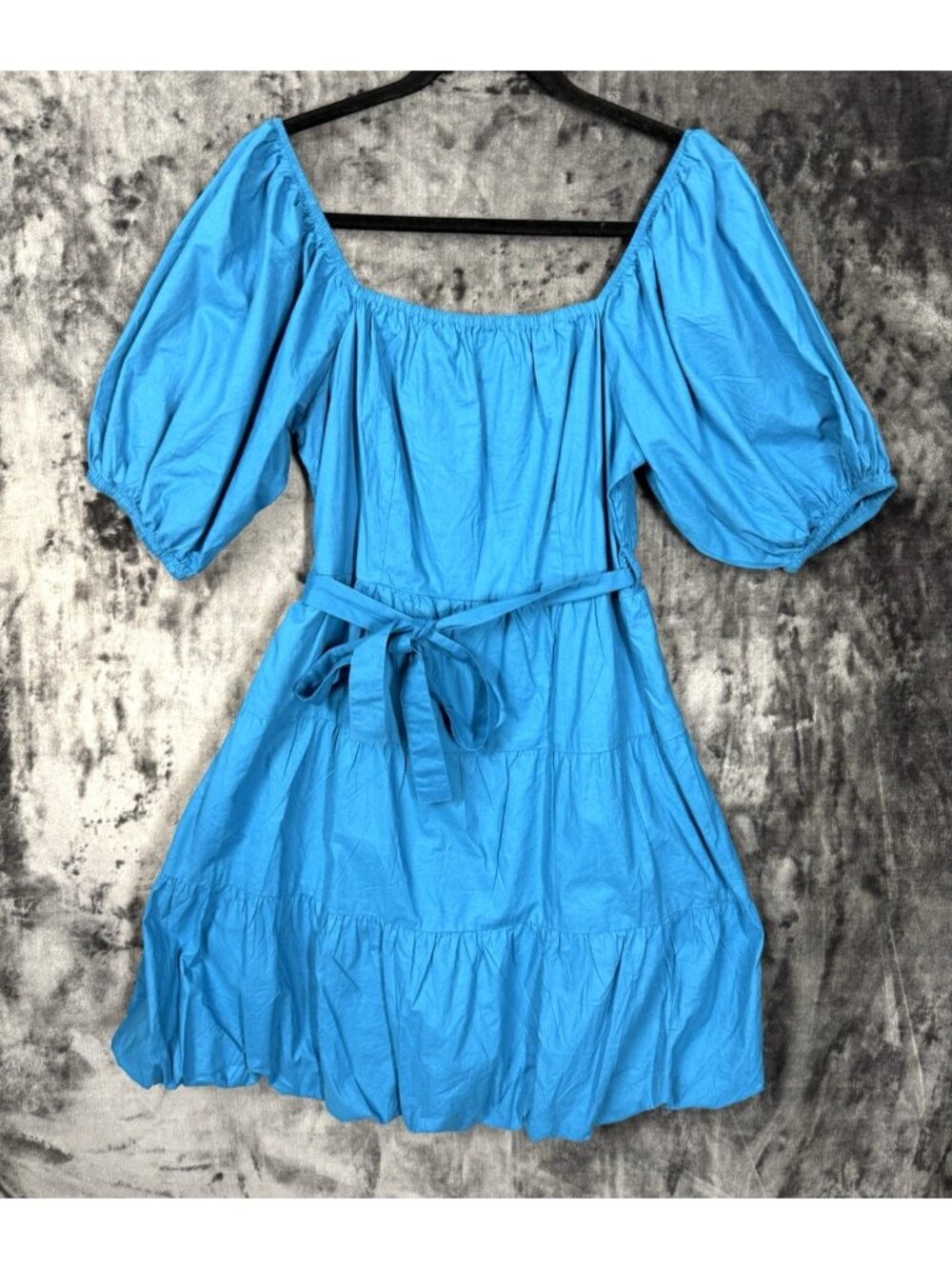 Sim & Sam XL Blue Cotton Dress Puff Sleeve Cottagecore Bubble Hem Lined